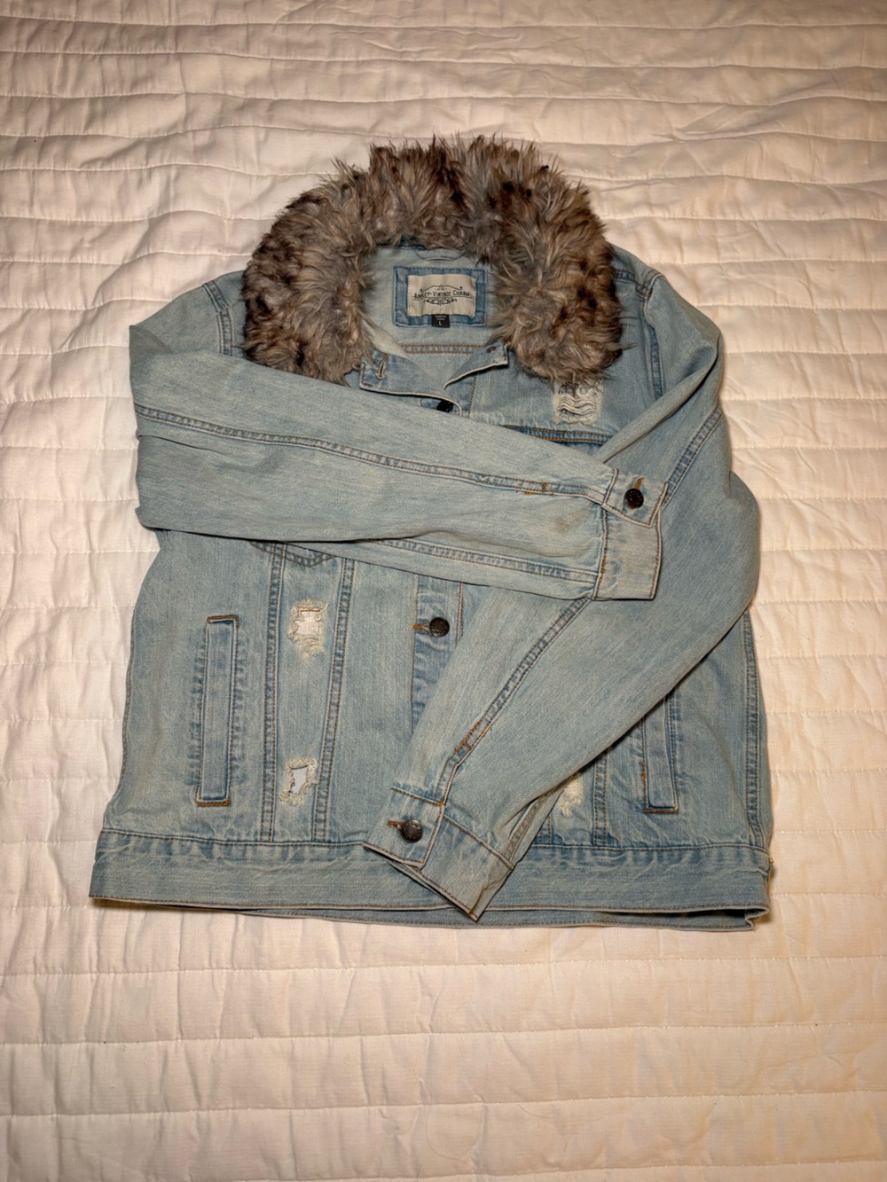 Light Blue Denim Jacket with Faux Fur Collar - Ashley Vintage Charm